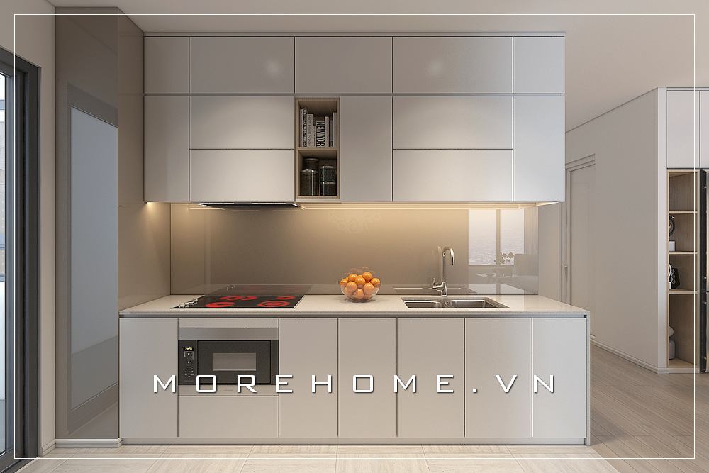 Thiết kế phòng bếp chung cư đơn giản với tone màu trắng từ nội thất gỗ công nghiệp mang đến không gian hiện đại, ấn tượng Thiết kế phòng bếp chung cư